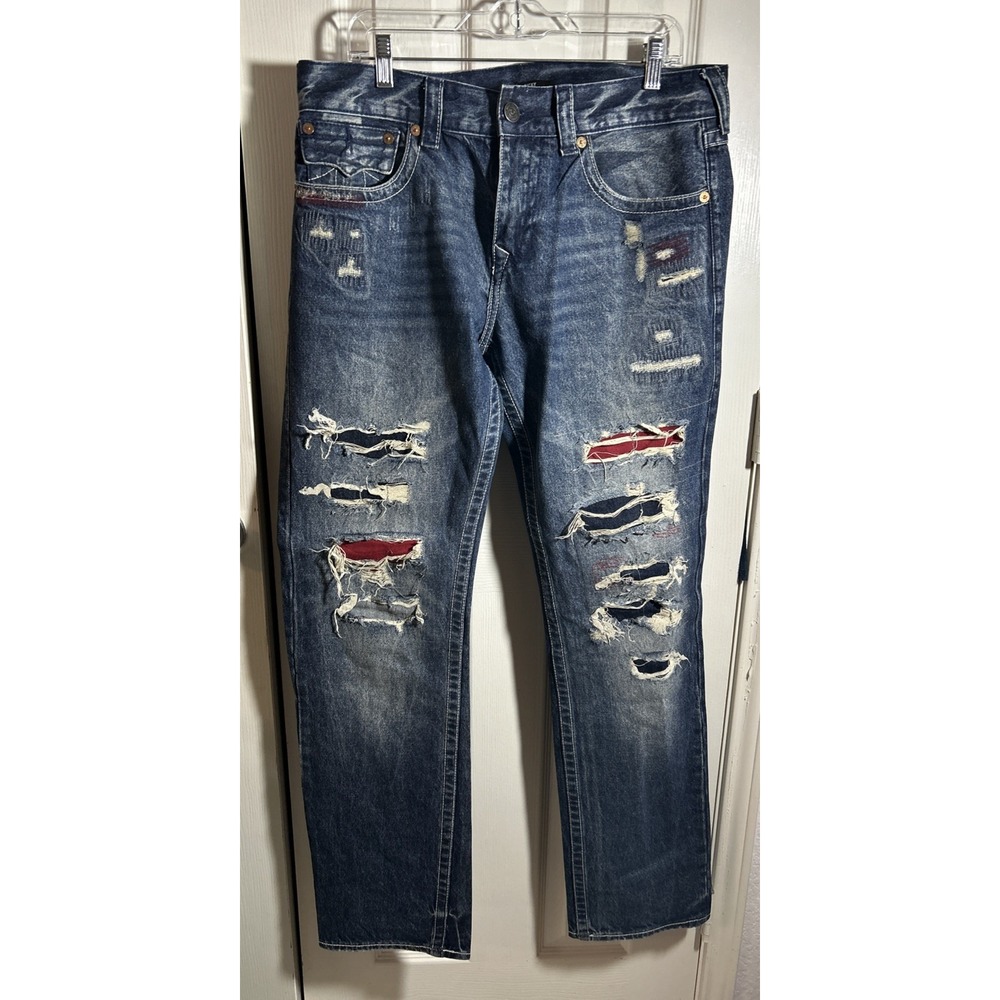 True Religion Ricky Relaxed Straight Jeans 34x34 Flap Pockets Distressed Skater
